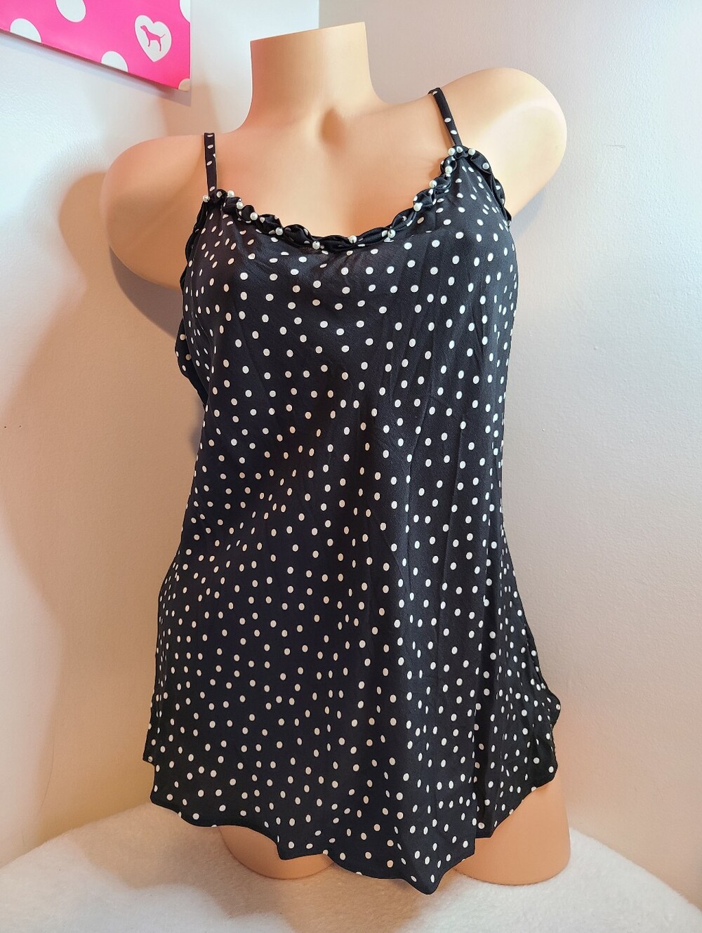 White House Black Market 100% Silk Pearl Beaded Polka Dot Cami Tank Size M